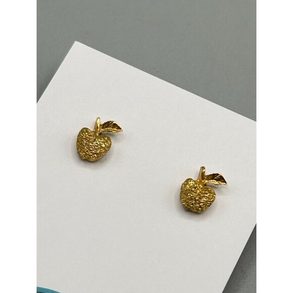 Vintage Gold Tone Apple Stud Earrings Pierced Textured Design Fruit Jewelry - Picture 5 of 7